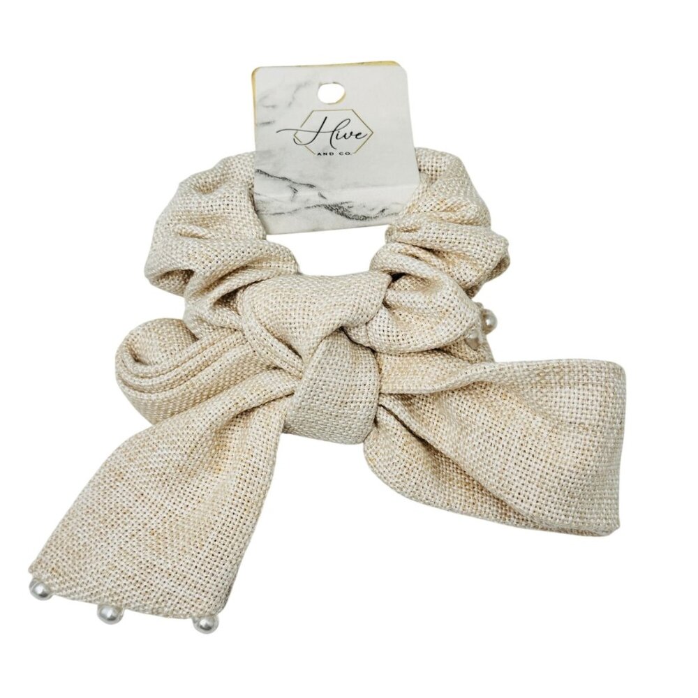 Hive And Co Hair Scrunchie Beige Linen Textured With Pearls Bow Accents NWT